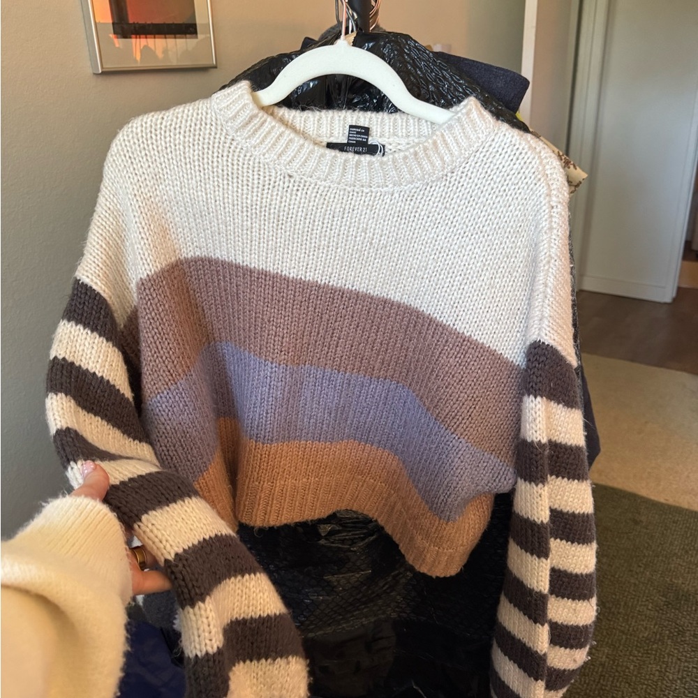 Chunky Striped Crewneck Sweater - Cream & Brown